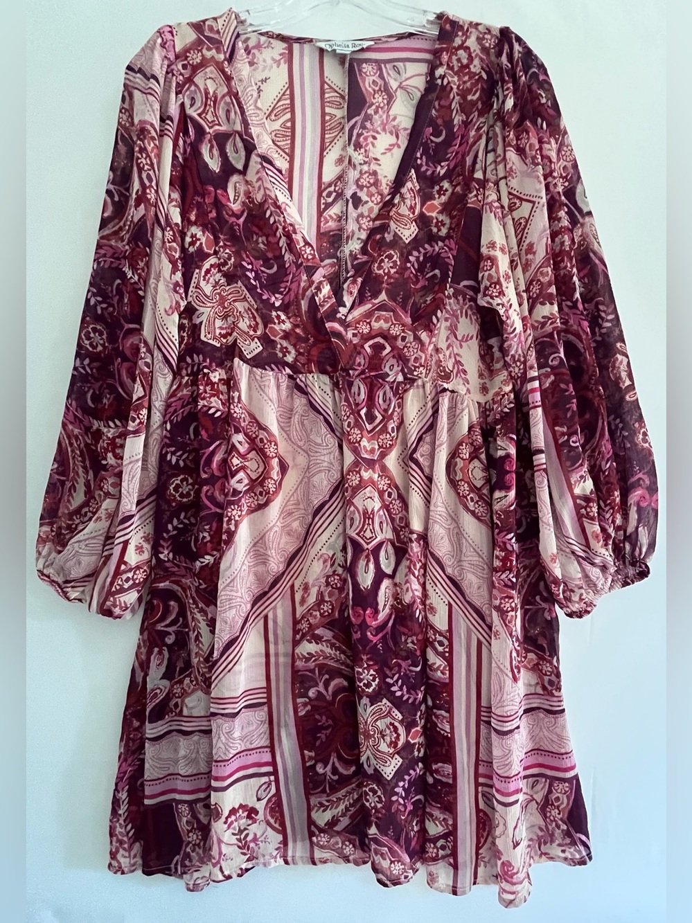 Ophelia Roe Boho Paisley Patchwork V-Neck Babydoll Dress M